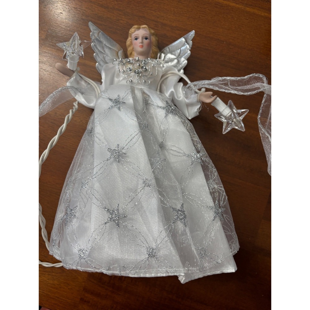 Light Up Angel Christmas Tree Topper White Gown Electric Ceramic - Picture 2 of 4